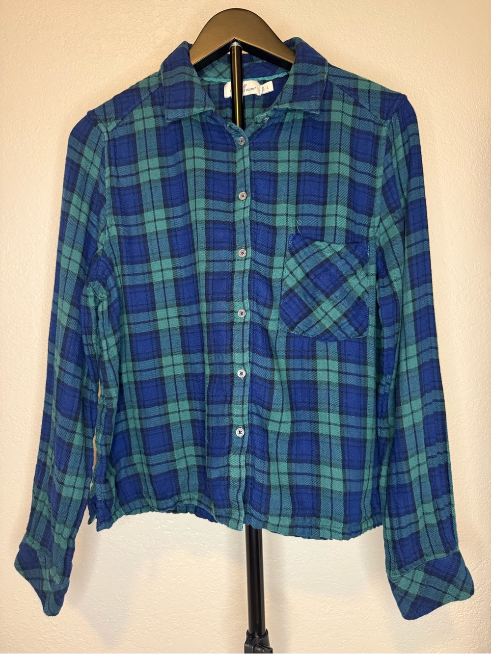 Vineyard Vines Women's Blue and Green Plaid Button-Down Shirt Large Long Sleeve